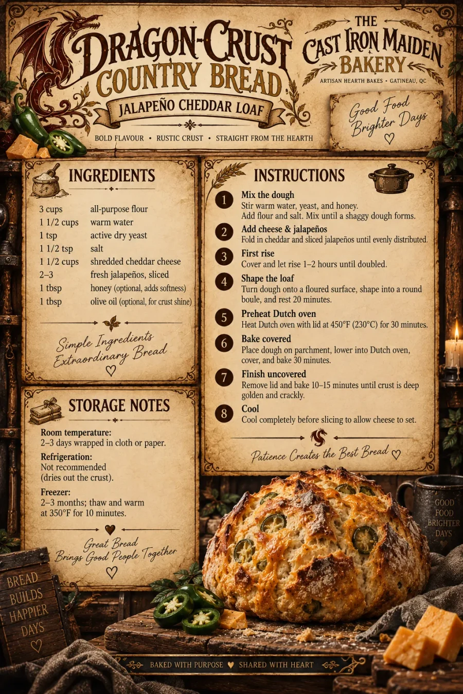 La carte illustrée de la recette « Pain de campagne croûte-de-dragon ». Tout ce qu’elle contient est écrit en toutes lettres ci-dessous.