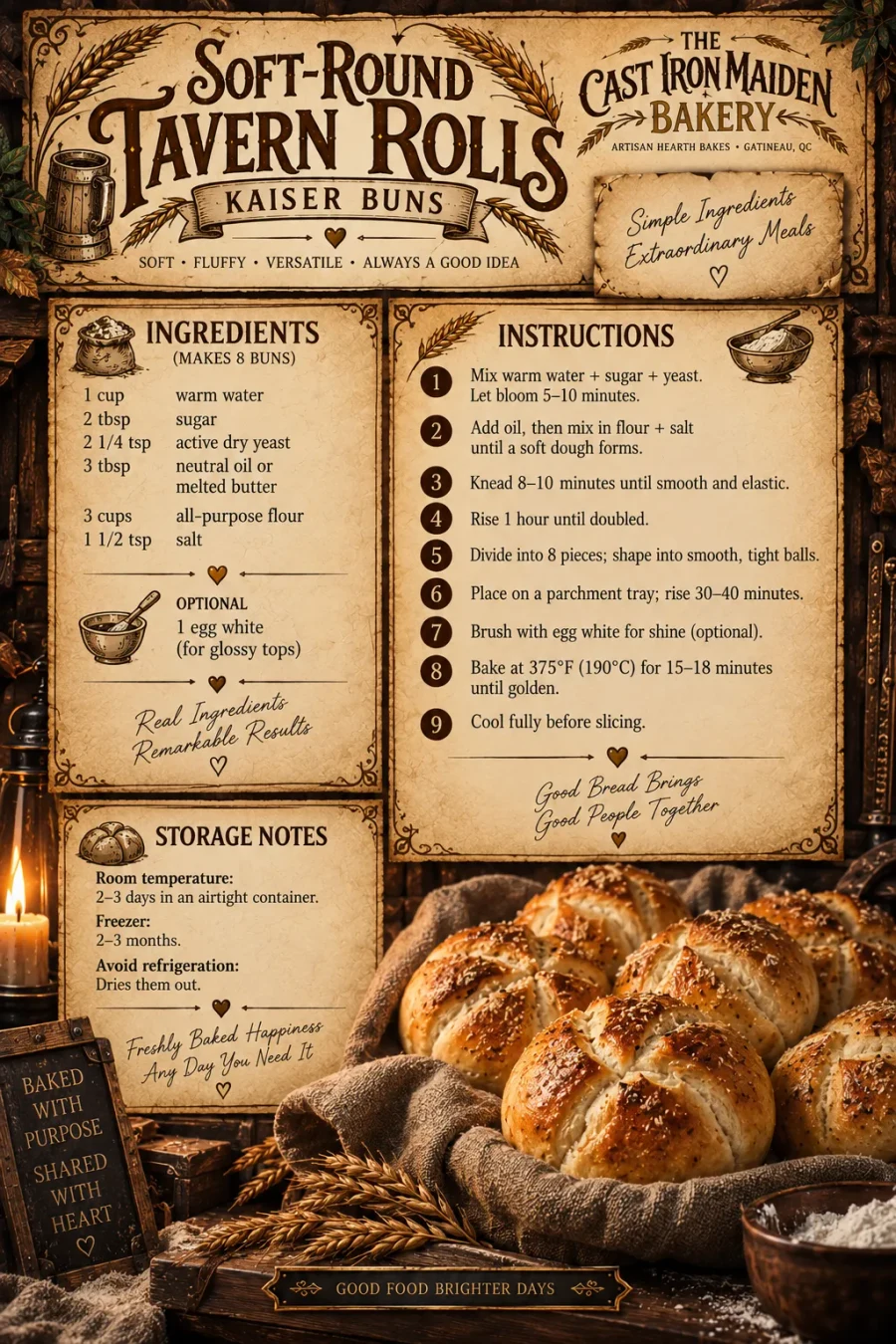La carte illustrée de la recette « Petits pains ronds de taverne ». Tout ce qu’elle contient est écrit en toutes lettres ci-dessous.