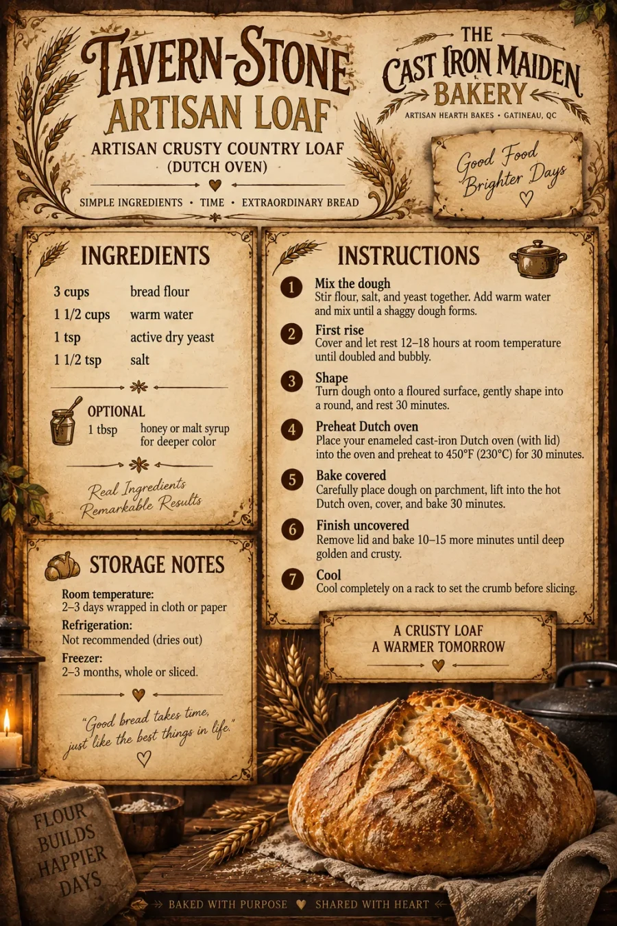 The illustrated recipe card for “Tavern-Stone Artisan Loaf”. Everything on it is written out below.